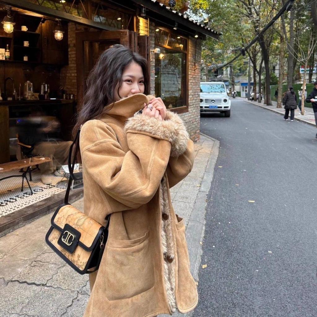 2025 A/W Women's Two-Way Shearling Lambswool Biker Jacket: Loose, Thickened Suede Furry Coat