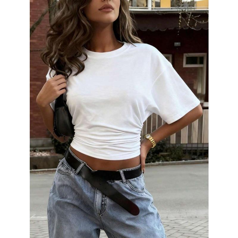Summer Pleated Solid-color Round-neck Fitted Crop-top Slim-fit Short-sleeve Women's Dress