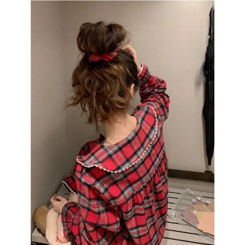 Plaid Pajama Sets Women Loose Cute Spring Korean Style Panelled Pockets Homewear Daily All-match Youthful Vitality Leisure