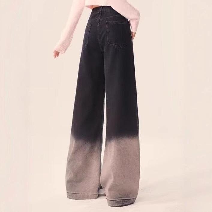 Gradual change embroidered wide-leg jeans women's large size niche loose straight casual long pants Trendy Women's High-waisted Gradient Wash Jeans
