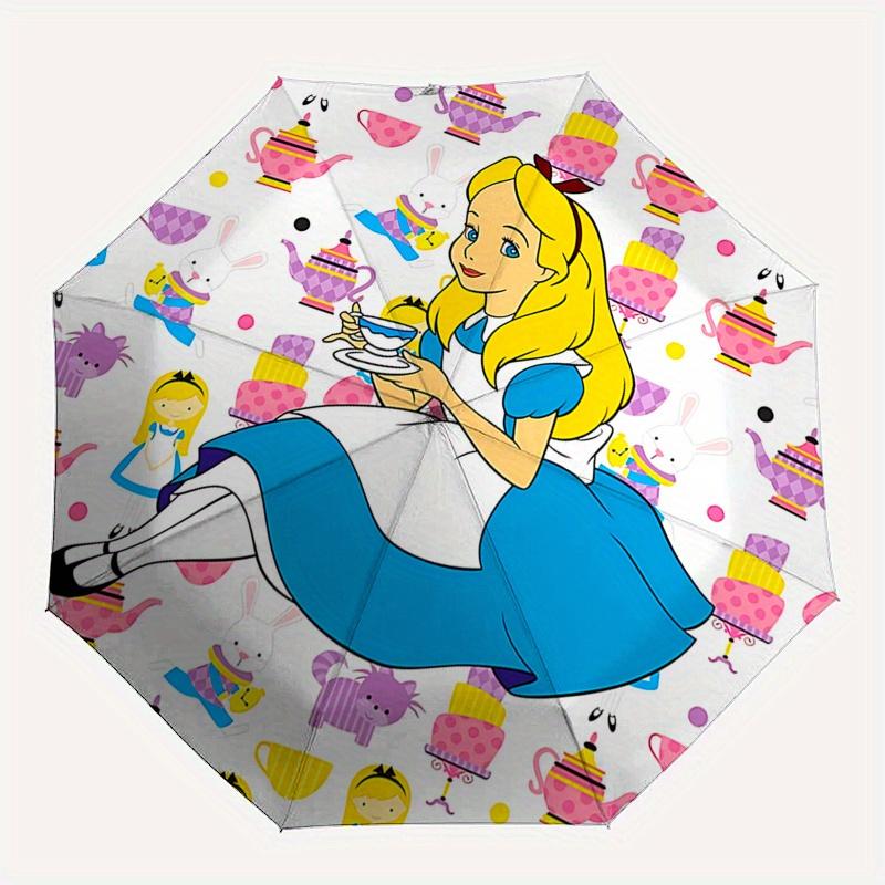 Disney Alice, Wonderland Automatic Open/Close Umbrella - Cute Umbrella with Cute Design, Portable 3-Fold Compact Umbrella for Men & Women, V