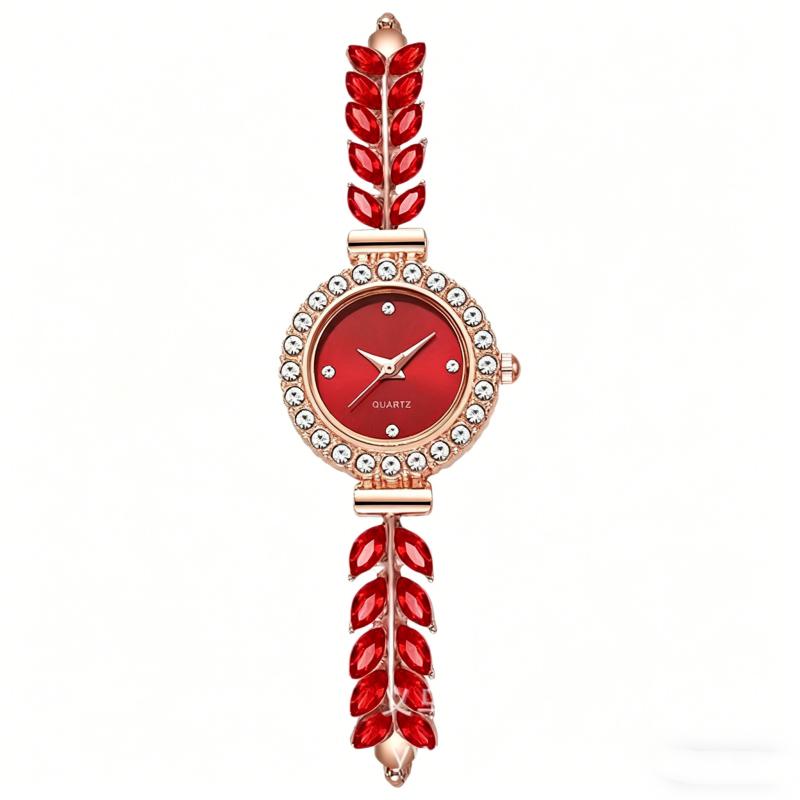 New Fashion Women Quartz Watch Leaf Design Slim Strap Rhinestone Round Dial Pull Adjustable Bracelet Wristwatch