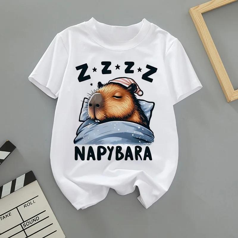 Summer Cartoon Cute Capybara Print Children T-shirt Short-sleeved Fashion Boys and Girls Round-neck Baby Kid Tshirt Trend