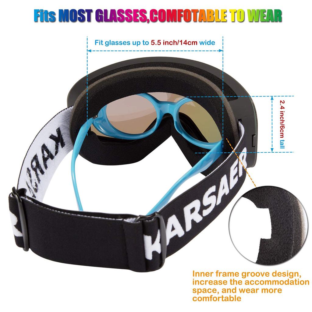 Karsaer Snowboarding and Skiing Goggles with Magnetic Upgraded OTG Double UV Glasses Lightweight and Impact Unisex Sports Goggles for Hiking and