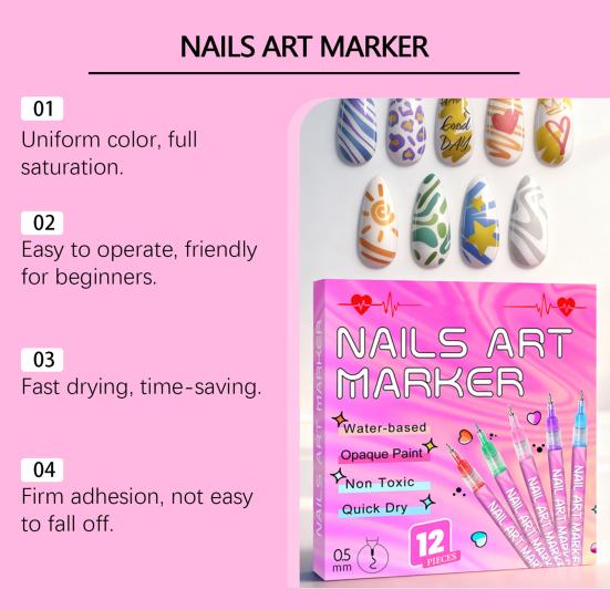1 Zestaw 12 Kolorów Pisaki do Nail Art 0.5MM DIY Żelowy Nail Art Markery do Farby Akrylowej Szybkoschnące Graffiti Kropkowanie Końcówka Linery Narzędzia do Rysowania i Malowania Nail Art
