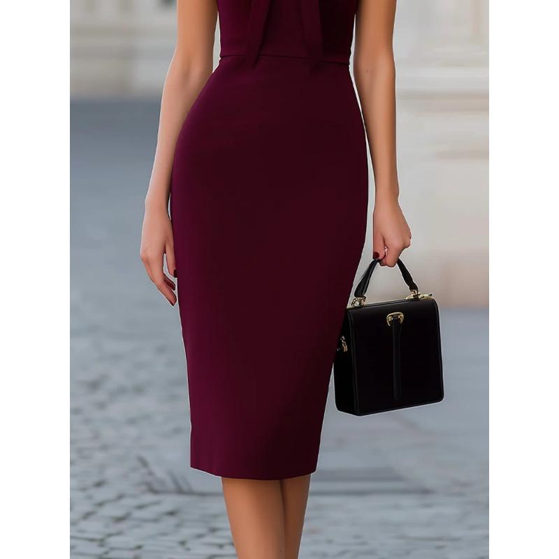 Elegant Bow Tie Neck Bodycon Midi Dress,Cap Sleeve Keyhole Slim Pencil Sheath Dress,Formal Office Party Pencil Gown with Multiple Colors Available