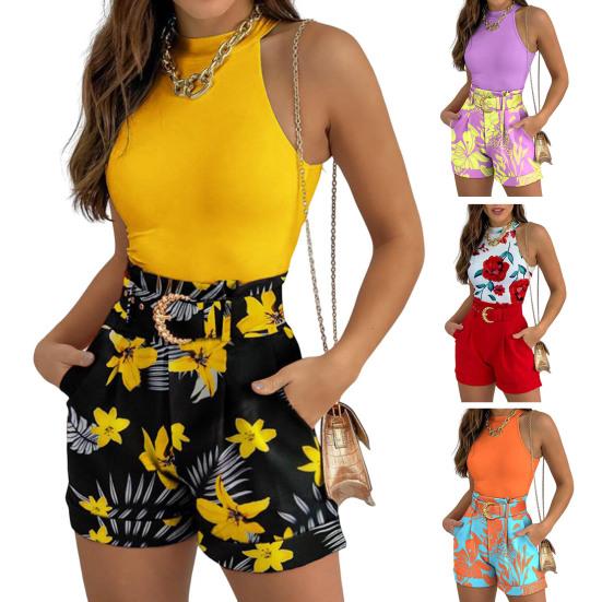 

2 шт./компл. женский жилет с шортами, комплект с круглым вырезом, без рукавов, с открытыми плечами, топ с высокой талией, брюки с поясом, комплект с цветочным принтом, одежда для отдыха и курорта