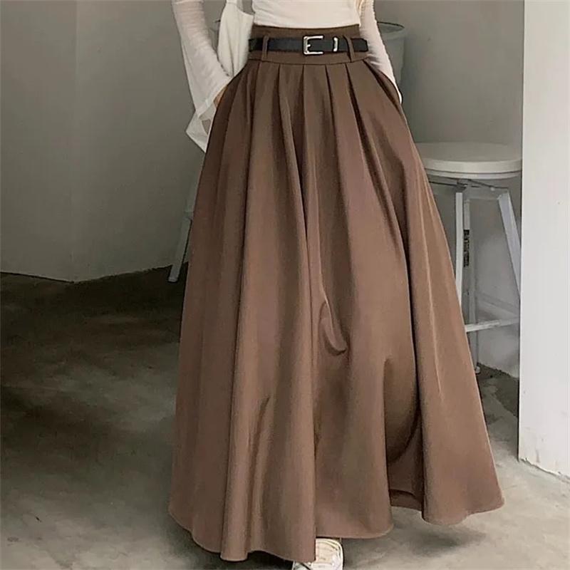 Women High Waist Jupe Korean Pleating Swing Skirt Vintage Fashion Spring Office Falda Holiday Loose Solid Long Skirt