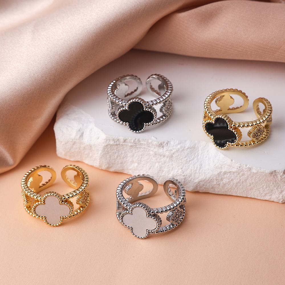 Four-leaf Clover Black and White Ring for Women Accessible Luxury High-end Adjustable Open Ring Couple Ring