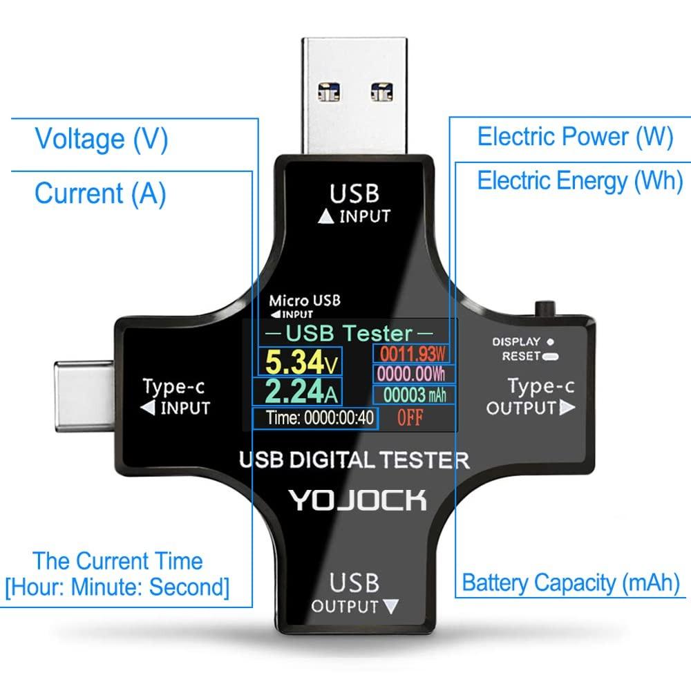 Tester Meter 2-in-1 USB C Current Meter LCD Digital Multimeter Current Power Meter Power Capacity Working Time Detector(Pack with OTG Adapter)