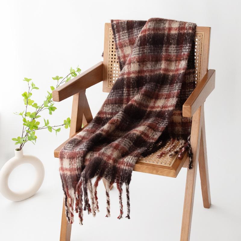 New Fluffy Large Brushed Imitation Cashmere Plaid Tassel Scarf High-end Women's Plaid Scarf Shawl