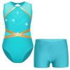 Girls Glittery Rhinestones Gymnastics Outfit V Front Waistband Shorts Keyhole Back Sleeveless Bodysuit Figure Skating Dance