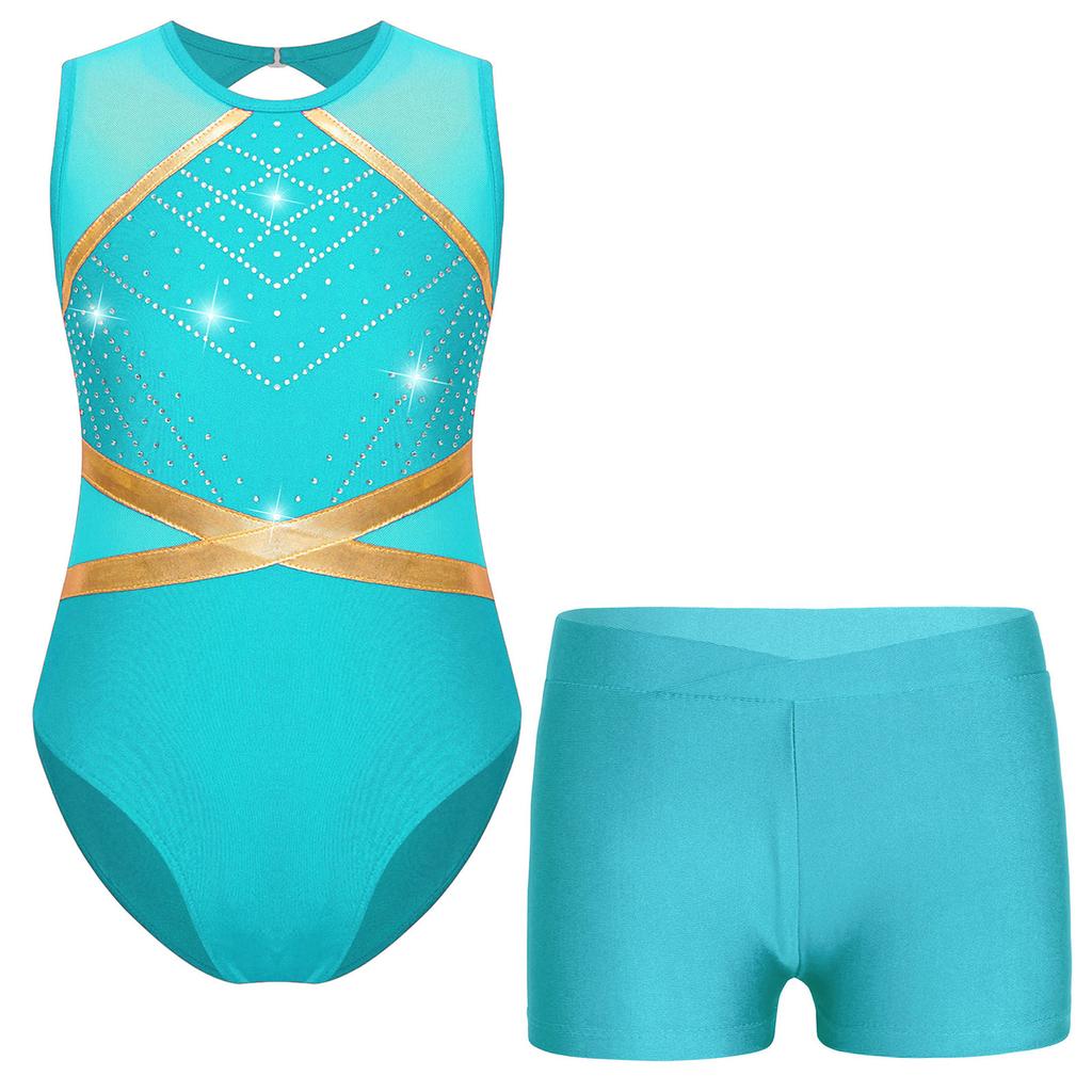 Girls Glittery Rhinestones Gymnastics Outfit V Front Waistband Shorts Keyhole Back Sleeveless Bodysuit Figure Skating Dance