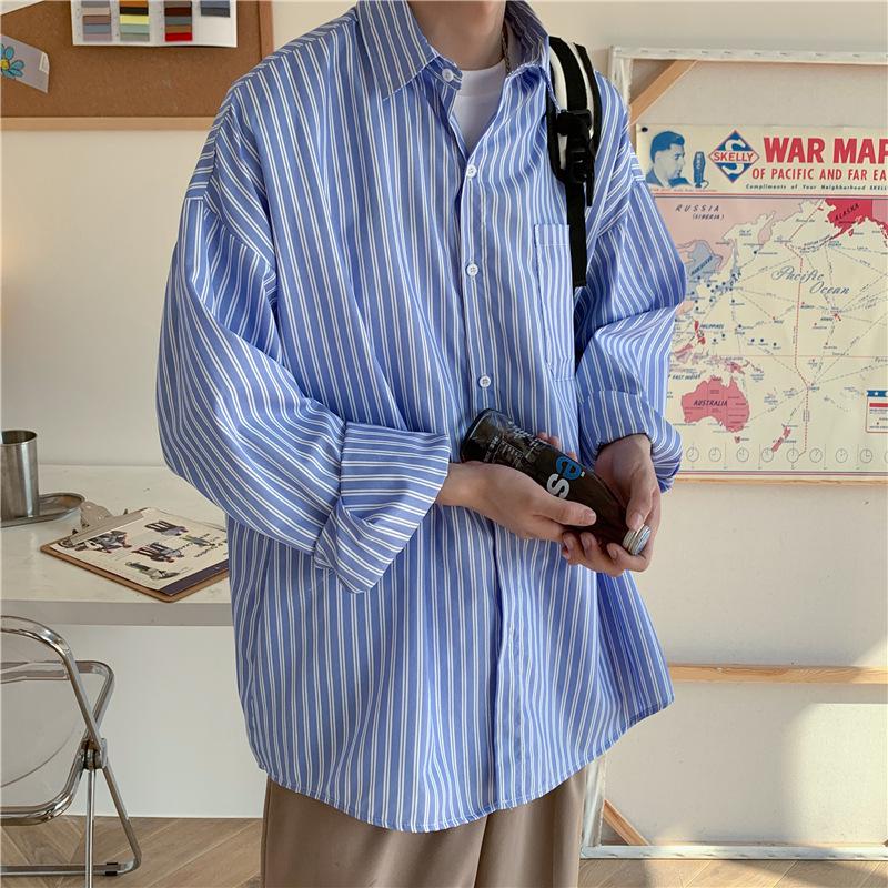 Pánská trendy košile s dlouhým rukávem s pruhy Harajuku – Korejský a hongkongský styl pro jaro a podzim