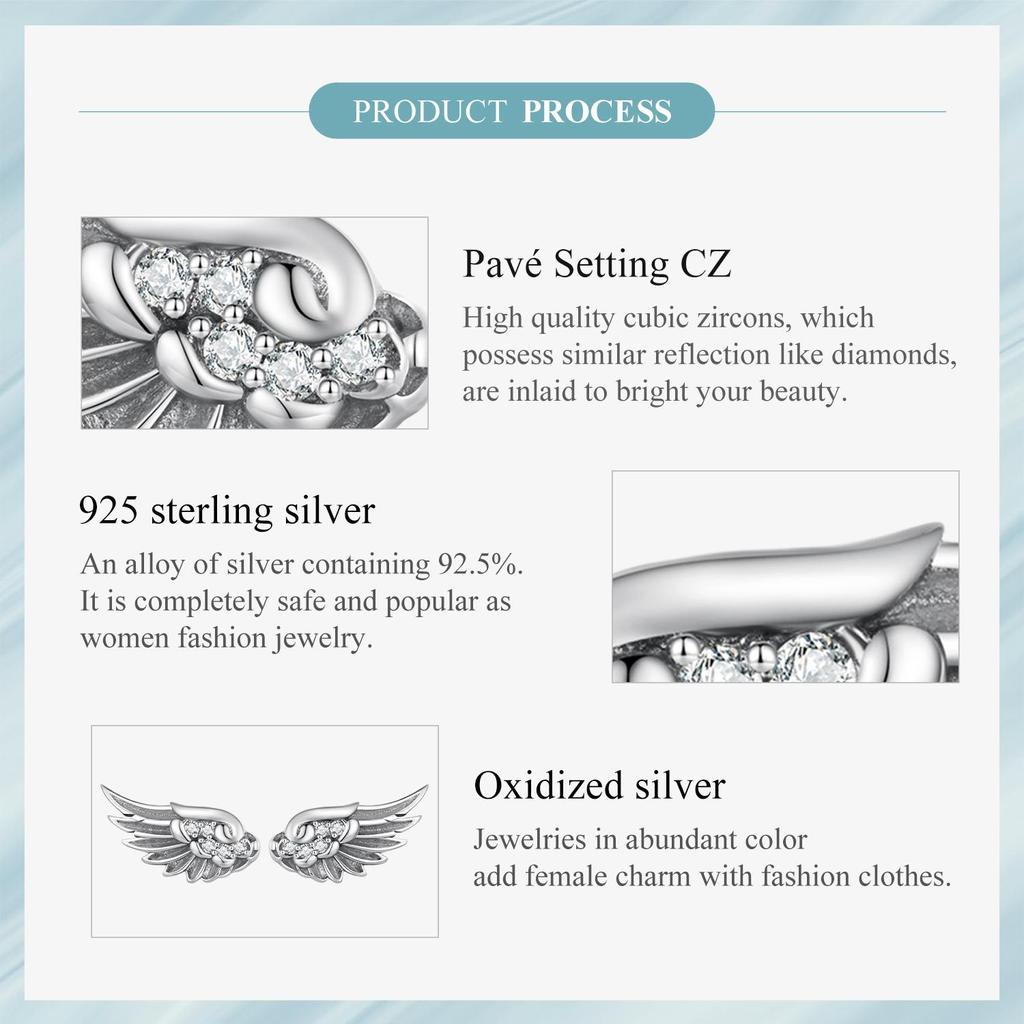 S925 Silver Angel Wings Earrings White Zircon Vintage Wing Stud Earring