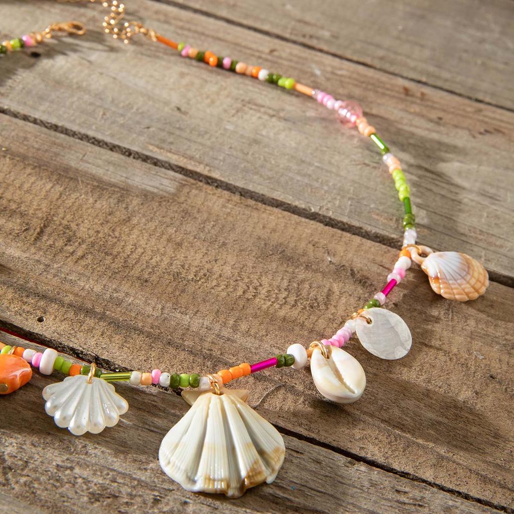 Modische Süße Sommer Strandurlaub Bunte Reisperlen Jakobsmuschel Muschel Halskette Damenschmuck Ozean Element Halskette