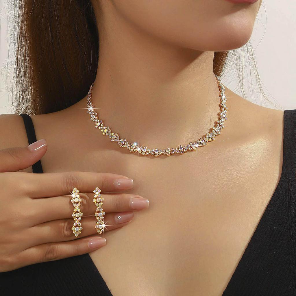 Fashion Super Beautiful Necklace Earrings Set Rhinestone Sparkling Stud Earrings Wedding Party Two-piece Wedding Dress Dress Accessories