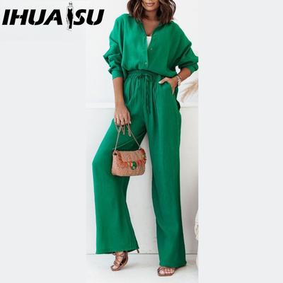Autumn and Winter Loose Stretch Wrinkled Long-sleeved Shirt Wide-legged Trousers Leisure Suit Female Two-piece Set