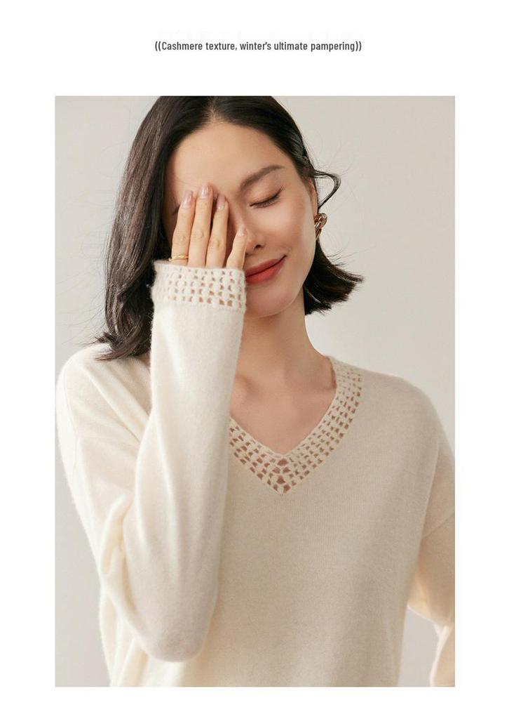 Women's V-Neck Hand-Crocheted Cashmere Sweater - Loose Knit Solid Color for 2026 Autumn/Winter.