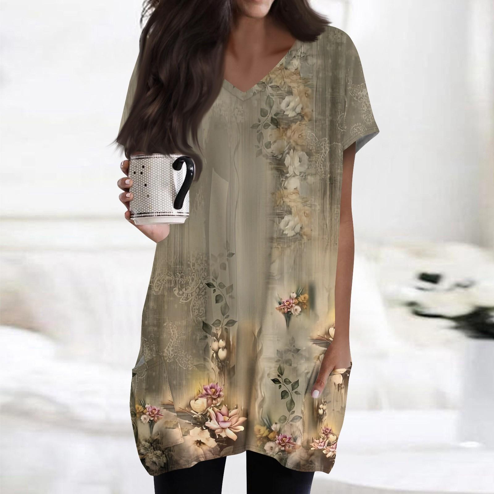 

Женские топы с V-образным вырезом, блузки с коротким рукавом, повседневные рубашки средней длины, модные туники с принтом и карманами L