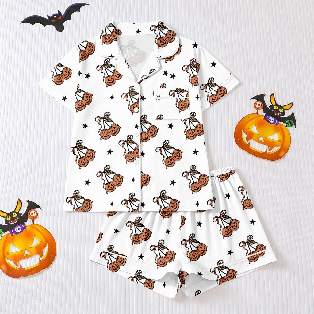Women's Halloween Pajama Set with Short Sleeve Button Down Shirt and Shorts