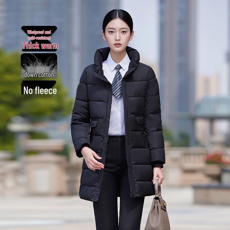 Women s Black Stand-Collar Mid-Length Padded Work Jacket XL