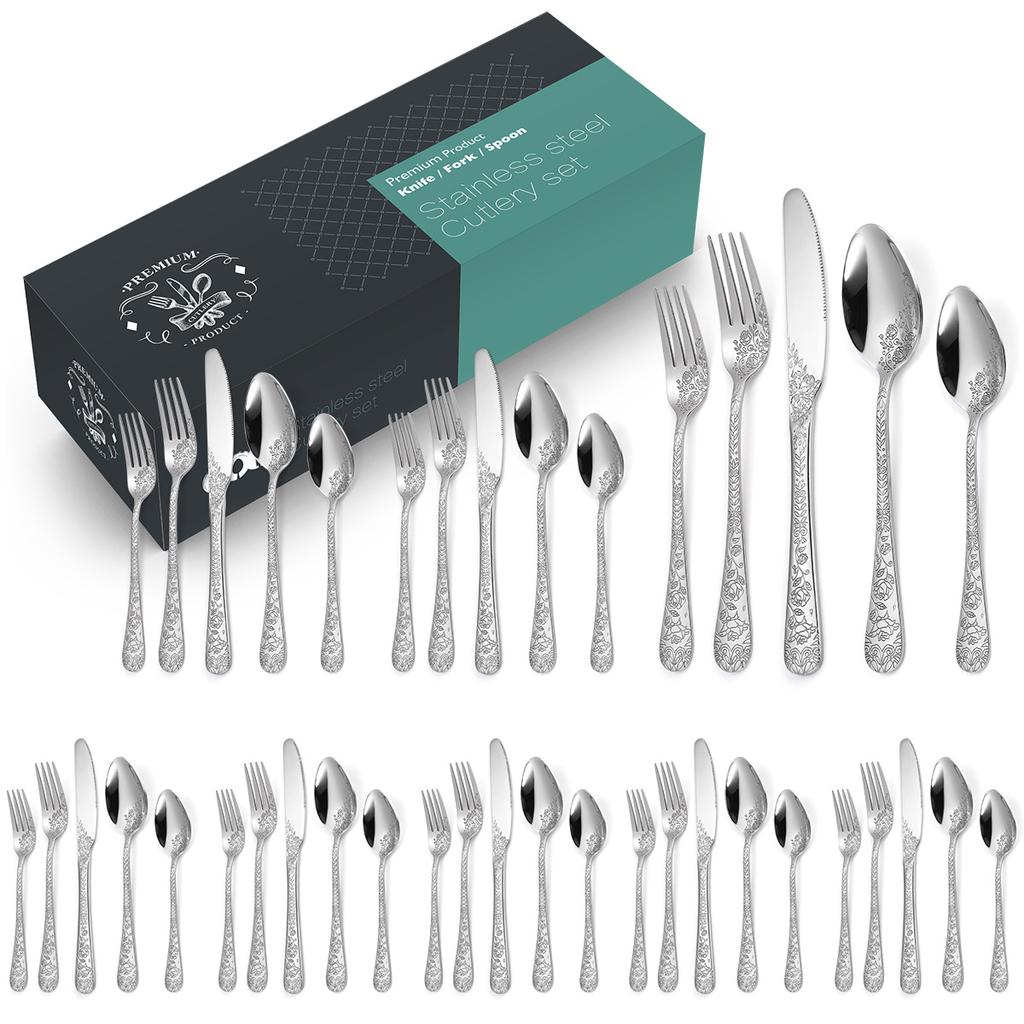 Chinese Patterned Stainless Steel Tableware Set for Household Knives  Forks  Spoons  Black 20/40 Piece Set