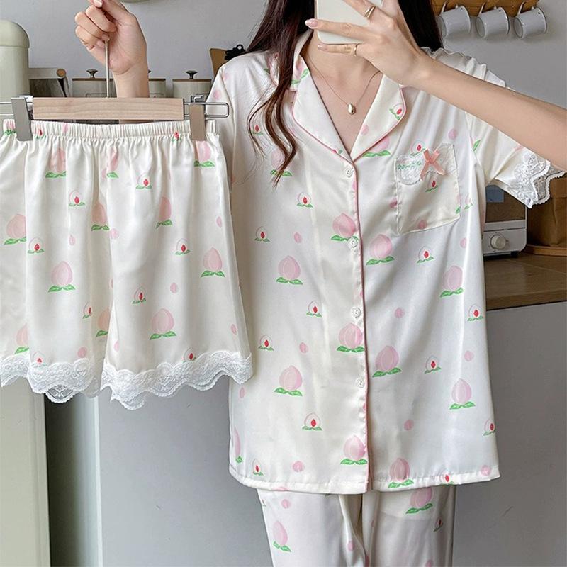 Women's Ice Silk Cherry Print Pajama Set - Elegant Summer Three-Piece Lounge Wear