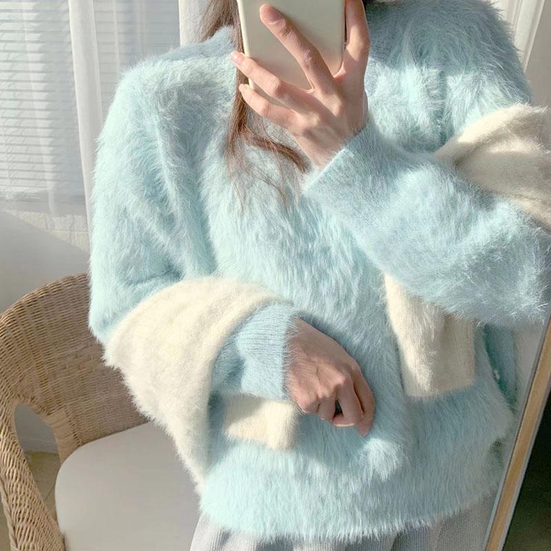 Svetry s výstřihem do V Imitace norky Ženy Pletené svetry zahuštěné Dámské Podzim Zima Teplé Jednobarevné Volné Ležérní svetry