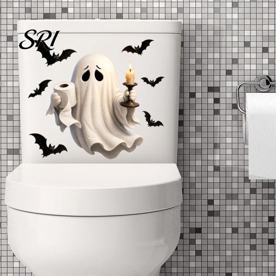Autocollants de Couvercle de Siège de Toilette Halloween Accents de Maison Salle de Bain, Décor Festif Fantôme Squelette Fissure 3D Effrayante pour Invités Autocollants de Couvercle de Réservoir, Imperméable