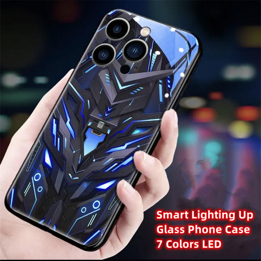 Sound-Activated LED Mech Armor Phone Case – Luminous Glass Cover for IPhone Samsung