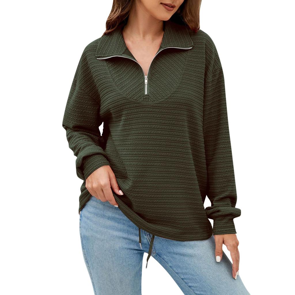 Women's Fashion Lapel Zipper Drawstring Loose Pullover Long Sleeve Casual Sweatshirt