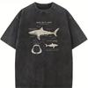 European Size Men'S Vintage Washed T-Shirt Featuring a Great White Shark Design, Perfect for Summer, with a Classic American Streetwear Vibe