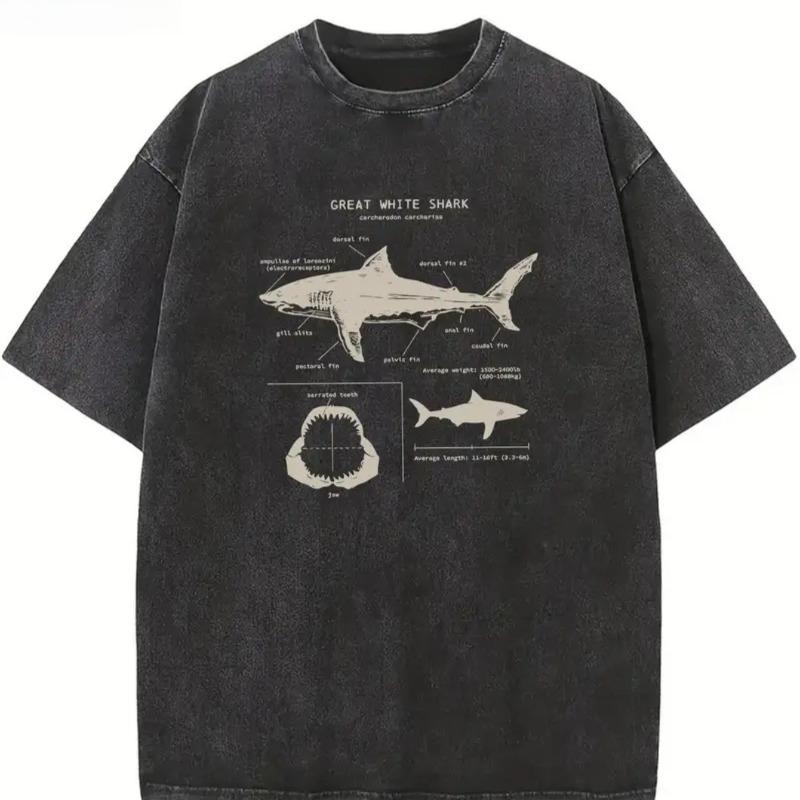 

European Size Men S Vintage Washed T-Shirt Featuring a Great White Shark Design, Perfect for Summer, with a Classic American Streetwear Vibe 5XL чорний
