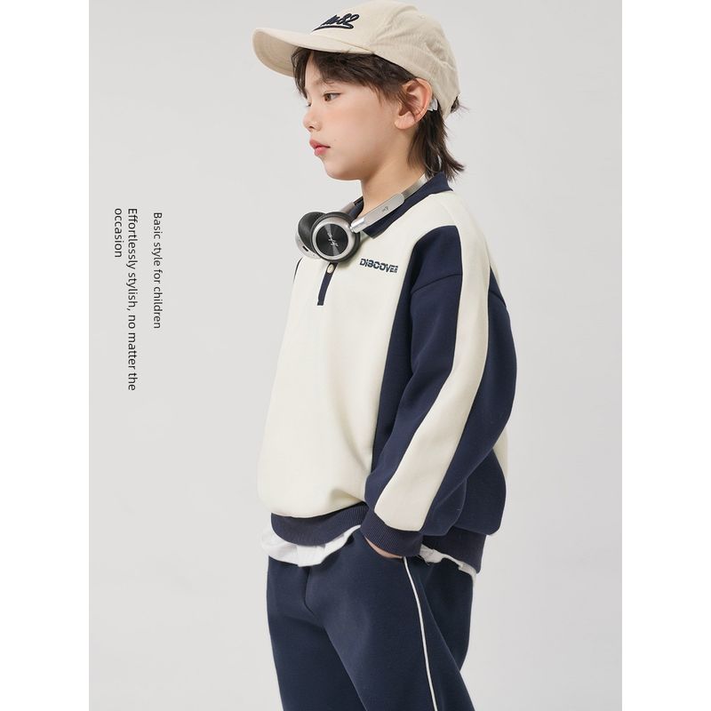 Right European Style Boys' Color-Blocked Embroidered Sweatshirt Children's Clothing Autumn New Style Boys' Versatile Trendy Top