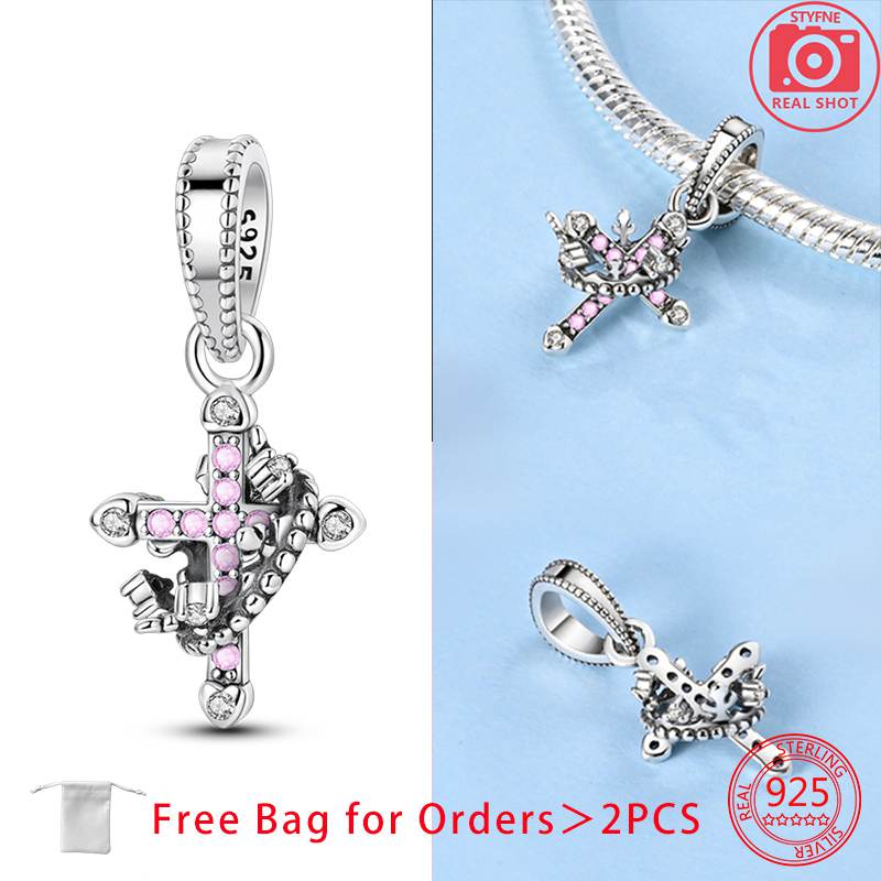 Authentic Pink Zircon Love Cross Wing Cross Retro Pattern Cross Charm Bead Charms Copper Bead Charms Pendant Compatible With Do It Yourself Bracelets