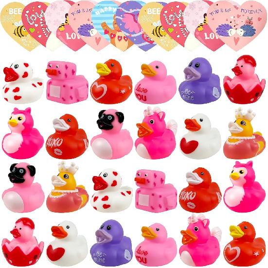 24 Pcs Valentine s Day Rubber Ducks,2.5 Rubber Ducks with Cards Gift,Heart Ducks Love Small Rubber Ducks,Valentines Day Party Favors,Cute Duck Bath