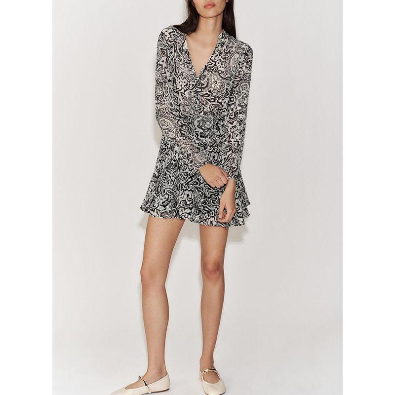 Spring and Summer New Women's Clothing Commute Style Casual Loose Print Long Sleeves V-neck Casual Casual Dress 2468656