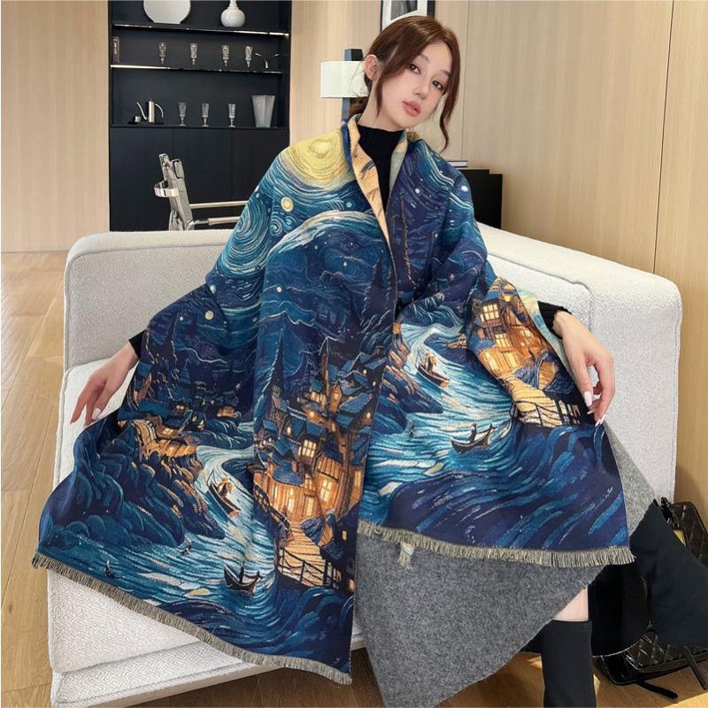 Autumn and Winter Scarf Women's High-end Imitation Cashmere Starry Sky Oil Painting Shawl Versatile Thickened Warm Jacquard Scarf Scarf Scarf