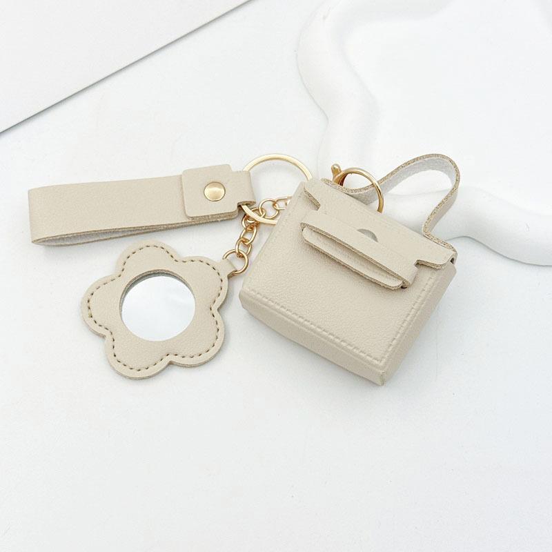 Mini PU Leather Keychain Bag with Flower Mirror Wrist Strap Trendy Bag Charm Perfect Christmas Gift for Female Friends