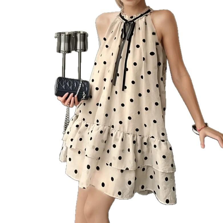 Lace-up Polka Dot Sleeveless Dress, Loose Straight Ruffle Edge Cake Skirt, Temperament Commuter Suspender Skirt