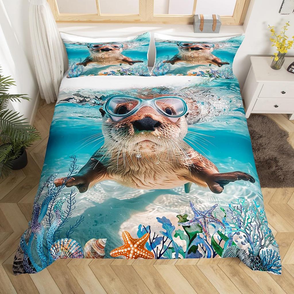 Sea Otters Duvet Cover Set For Kids Boys Girls Lightweight Quilt Covers Bedroom Decor Ocean Sea Life Themed Bedding Set No Quilt