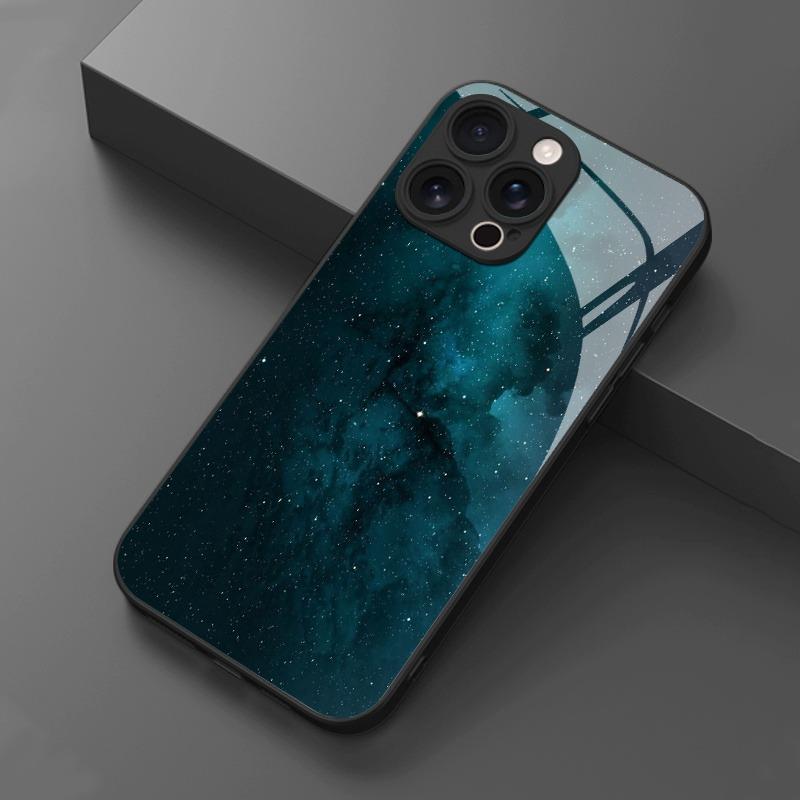 Deep Blue Nebula Dreamy Starry Sky Tempered Glass Black Phone Case For iPhone 17 16 15 14 13 12 11 Pro Max Air 7 Plus XS X Cover