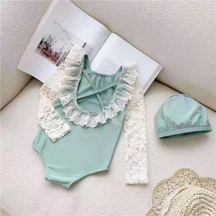 Trendy Girls' Long-Sleeve One-Piece Swimsuit with Korean Style Lace Ruffles