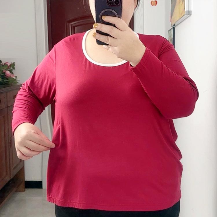 

Женский топ большого размера с длинным рукавом, приятный на ощупь, из модала, с круглым вырезом - Подходит до 300 цзиней - Большой красный 4XL (120-150 jin) красный