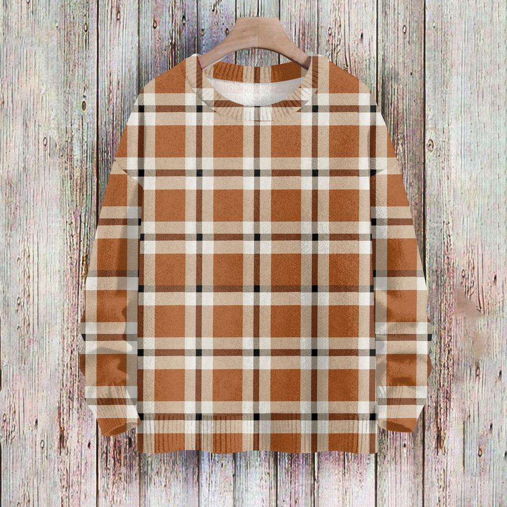 Women's Fashionable Casual Long-sleeved Checkered Printed Round-neck Sweater Knitted Top