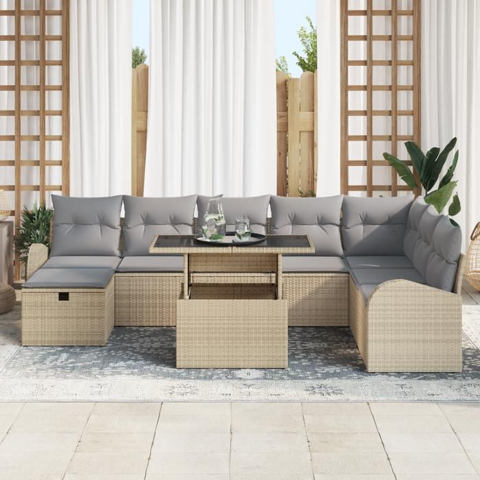VidaXL Ensemble de Canapé de Jardin 9 Pièces avec Coussins Beige Rattan Poly 3359777