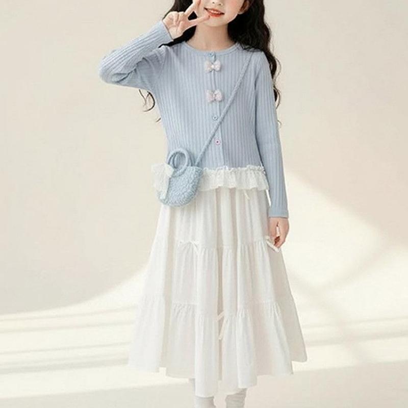Girls' Sweet Set - Spring/Autumn Children's Fashion Long-Sleeved Top and Half-Dress Set