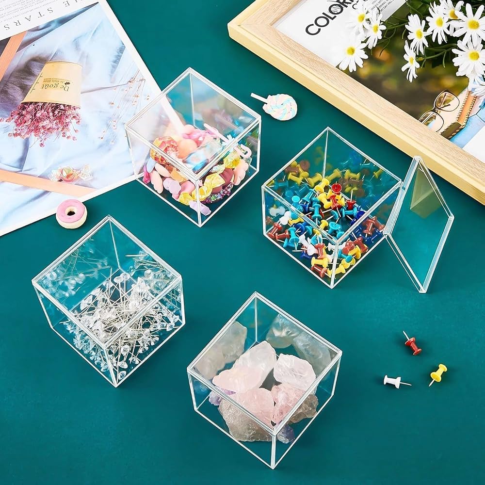 Acrylic Storage Box Set of 8 Clear Waterproof Display Cases with Lids for Jewelry, Figurines, Candy, Cosmetics, Beads