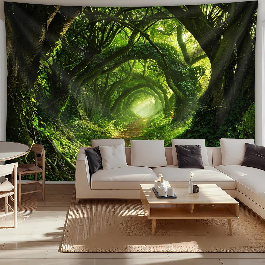 Green Forest Tunnel Tapestry, Sunlight Through Trees Path, Nature Scenery Wall Hanging For Bedroom Living Room Decor